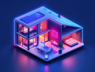 Isometric smart apartment featuring touchscreen control panels for home automation