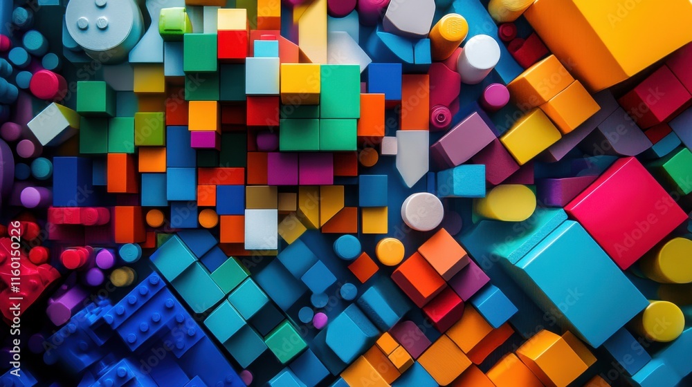 Poster a creative construction site with colorful building blocks, blocks arranged in imaginative structure