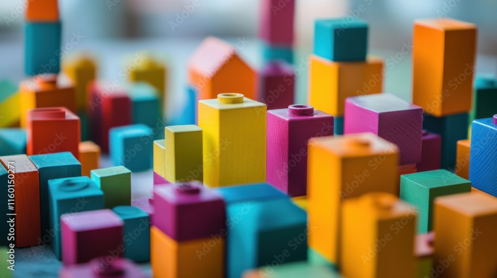 Poster a creative construction site with colorful building blocks, blocks arranged in imaginative structure