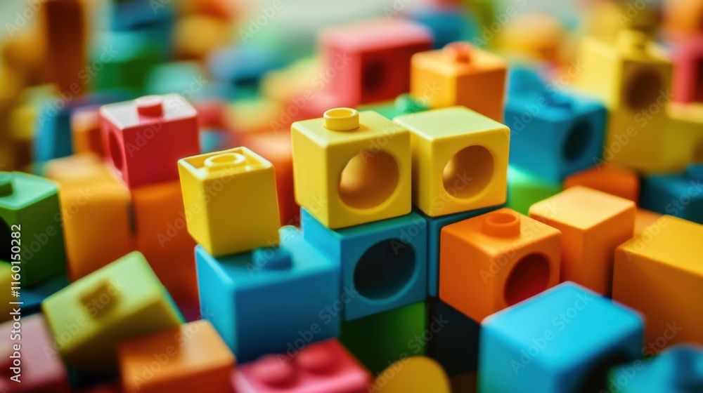 Poster a creative construction site with colorful building blocks, blocks arranged in imaginative structure