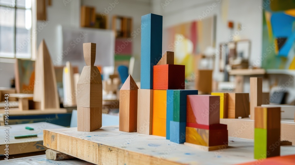 Poster a creative workshop with artists crafting abstract sculptures from blocks, blocks arranged for artis