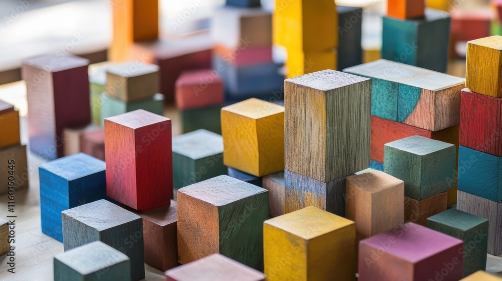 Poster a creative workshop with artists crafting abstract sculptures from blocks, blocks arranged for artis