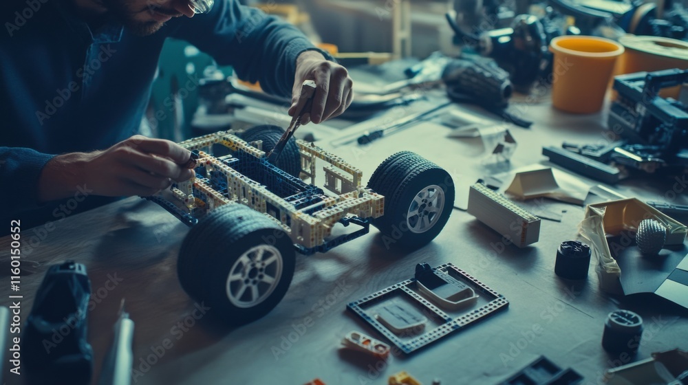 Poster A creative workshop with engineers constructing prototype vehicles using modular blocks, Blocks arranged for vehicle design, Automotive innovation style