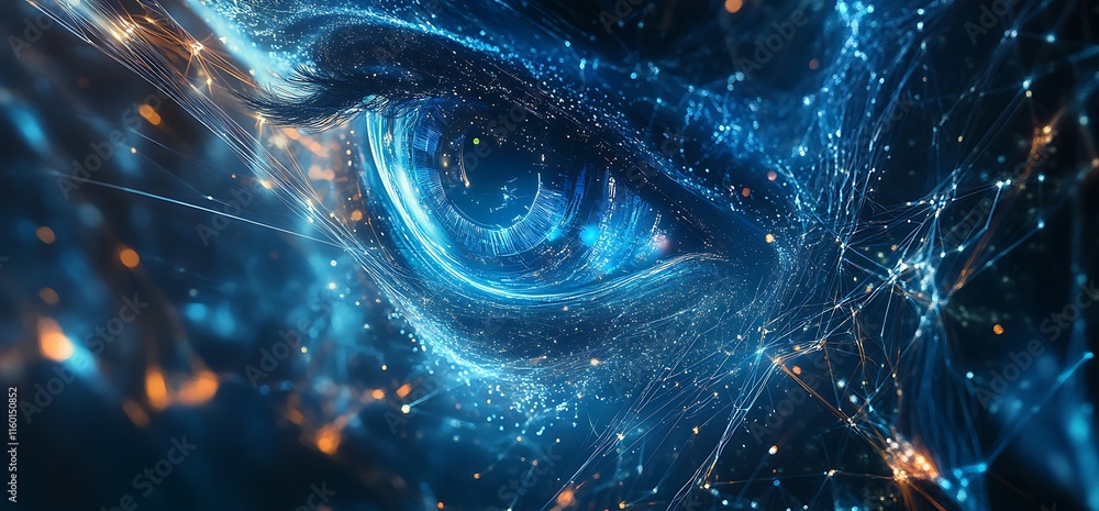 Poster an abstract representation of a glowing eye surrounded by digital elements.