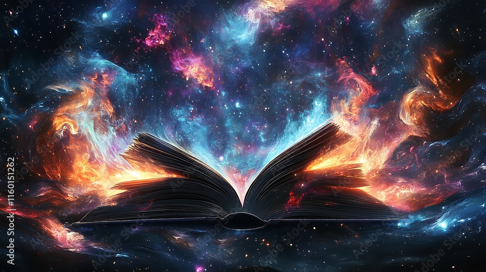 Poster an open book in a cosmic setting, symbolizing knowledge and imagination.
