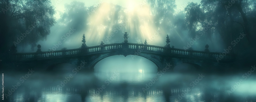 Poster a misty bridge over a tranquil lake, illuminated by soft rays of light.