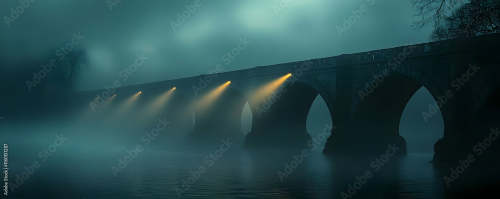 Poster a misty bridge illuminated by soft lights, creating an atmospheric and serene landscape.
