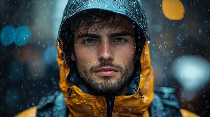 a young man in a drenched jacket in heavy rain
