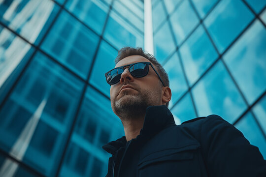 A man wearing sunglasses and a black coat stands in front of a large building Generative Ai. - Powered by Adobe