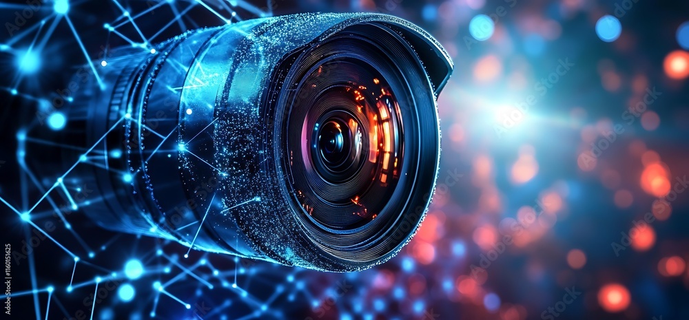 Poster close-up of a camera lens surrounded by a network of digital connections.