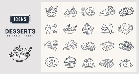 Desserts Icons sat. Vector illustration in modern thin line style of desserts icons.
