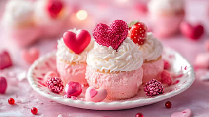 Valentines Themed Pink Mini Cupcakes with Heart and Strawberry Decorations : Generative AI