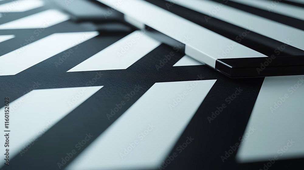 Poster close-up of overlapping black and white geometric shapes creating a modern design.