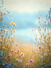 Fototapeta premium Dreamy Sunlit Meadow with Colorful Wildflowers and Soft Pastel Sky Background : Generative AI