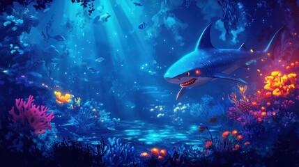 Fototapeta premium Shark swimming in vibrant coral reef.