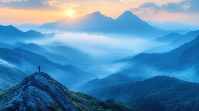 Solitary figure on misty mountain peak, sunrise.