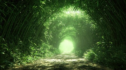 A serene bamboo pathway leading to a bright light, evoking tranquility and nature's beauty.