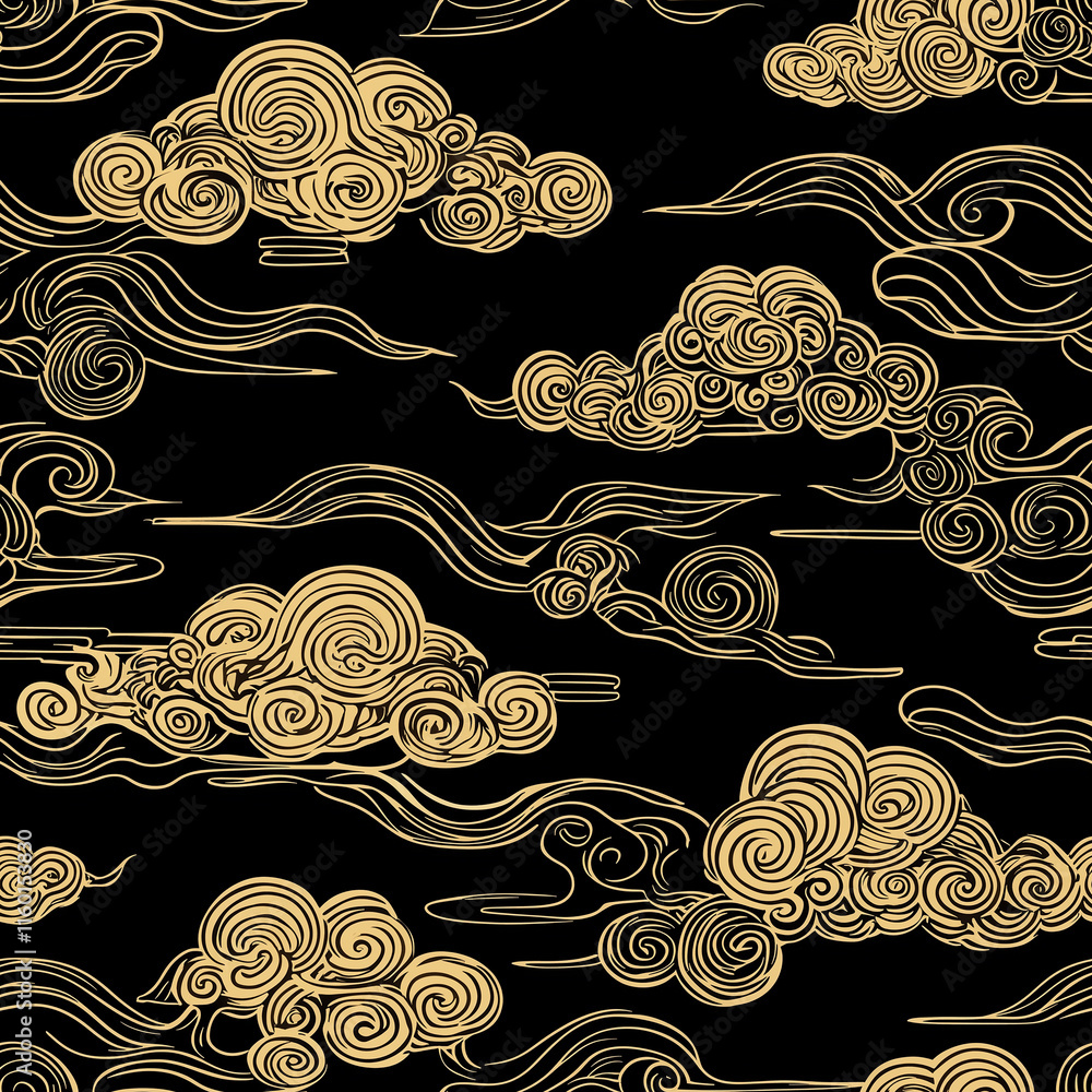 Poster elegant swirling clouds in gold against a black background, creating a sophisticated and artistic pa