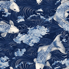 Koi fish swim gracefully in a swirling pattern against a deep blue background, creating a serene, artistic aquatic scene.