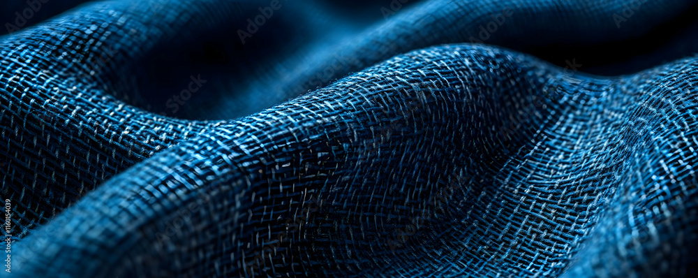 Poster close-up of textured blue fabric showcasing intricate weave patterns.