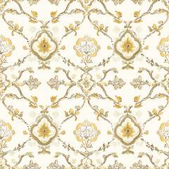 Elegant floral pattern with intricate designs in soft gold and cream tones, suitable for textile or wallpaper applications.
