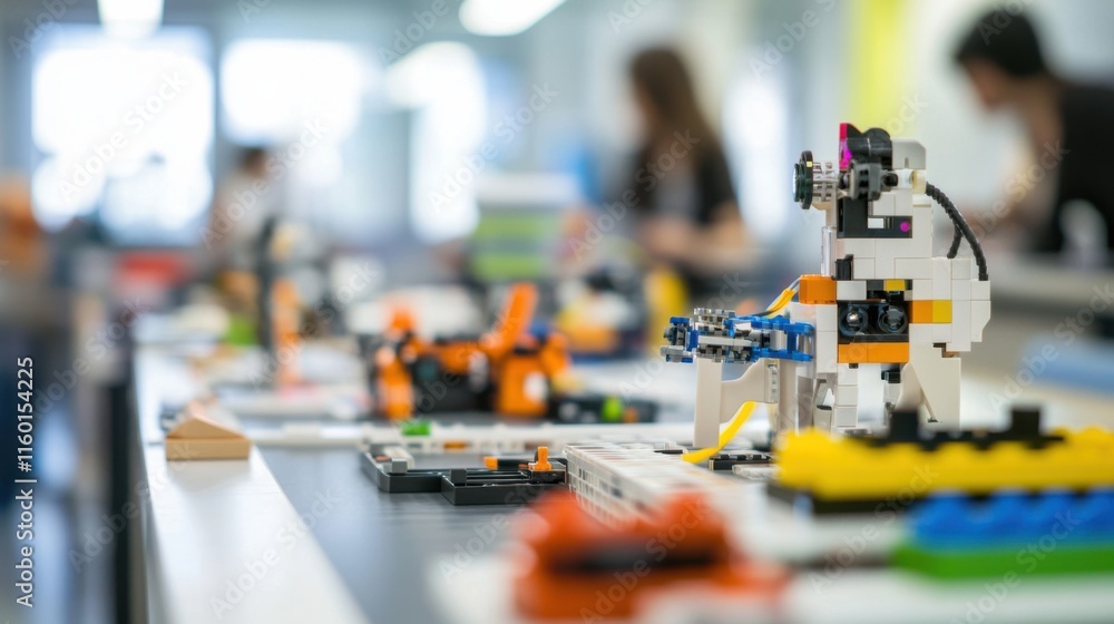 Poster A dynamic makerspace with builders constructing robotic prototypes using blocks, Blocks arranged for innovative tech creations, Tech innovation style
