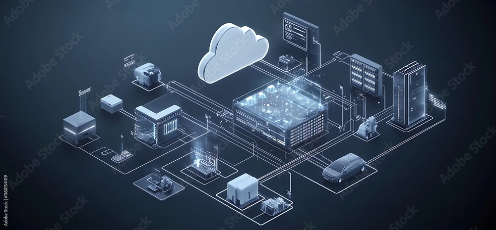 Aufkleber digital infrastructure illustration depicting cloud computing and connected devices.