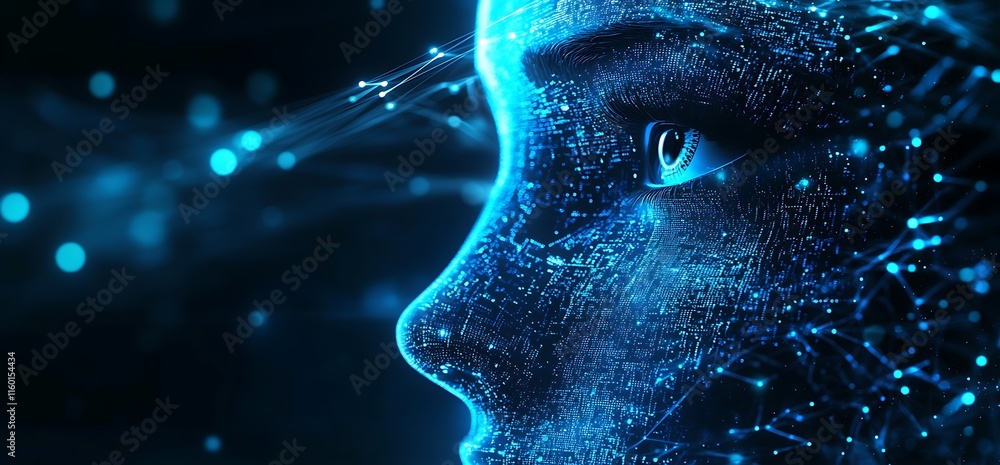 Poster digital representation of a human-like face with a network of connections.