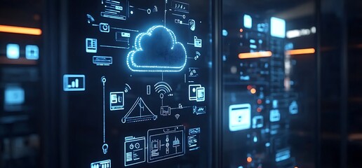 Digital cloud computing interface with data icons and connections.