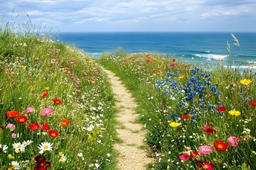Coastal Wildflower Path: A picturesque walking trail winds through a vibrant meadow of wildflowers, leading to a breathtaking ocean view. The tranquil scene evokes serenity and a sense of escape. 