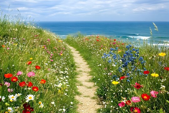 Coastal Wildflower Path: A picturesque walking trail winds through a vibrant meadow of wildflowers, leading to a breathtaking ocean view. The tranquil scene evokes serenity and a sense of escape. 