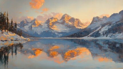 Sunset reflects on snowy mountains, calm lake.