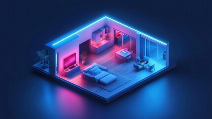 Smart condo with customizable lighting and smart home security systems, isometric futuristic design