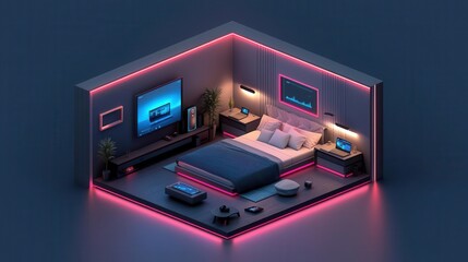 Smart condo bedroom with smart lighting and voiceactivated controls, isometric futuristic style