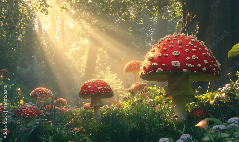 Poster enchanted forest scene with vibrant red mushrooms and soft sunlight filtering through trees.