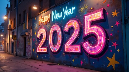 Neon 2025 New Year's Mural in City Alleyway