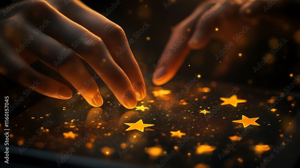 Aufkleber hands interacting with glowing stars on a touchscreen, creating a magical effect.