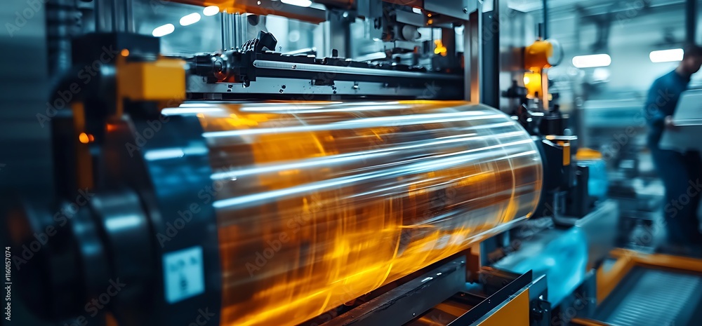 Poster industrial machinery processing a large roll of material in a factory setting.