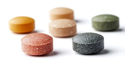 Health store showcase close-up of vitamins and supplements