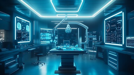 Fototapeta premium High-tech laboratory with advanced monitoring systems and glowing interfaces.