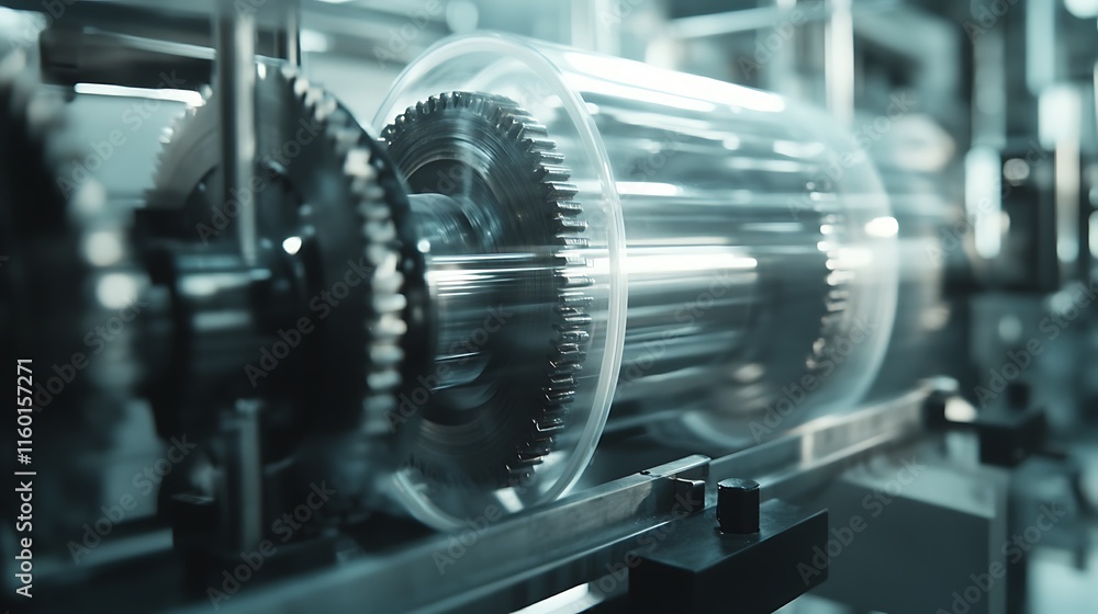Poster industrial machinery featuring gears and rotating components in a factory setting.