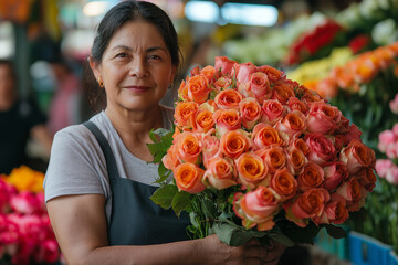 A woman is holding a bouquet of orange roses Generative Ai.
