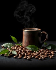 Fototapeta premium Steaming Mug of Coffee Surrounded by Roasted Coffee Beans and Fresh Green Leaves