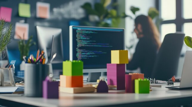 A dynamic tech startup office with developers coding software applications using blocks, Blocks arranged for software development projects, Startup culture style