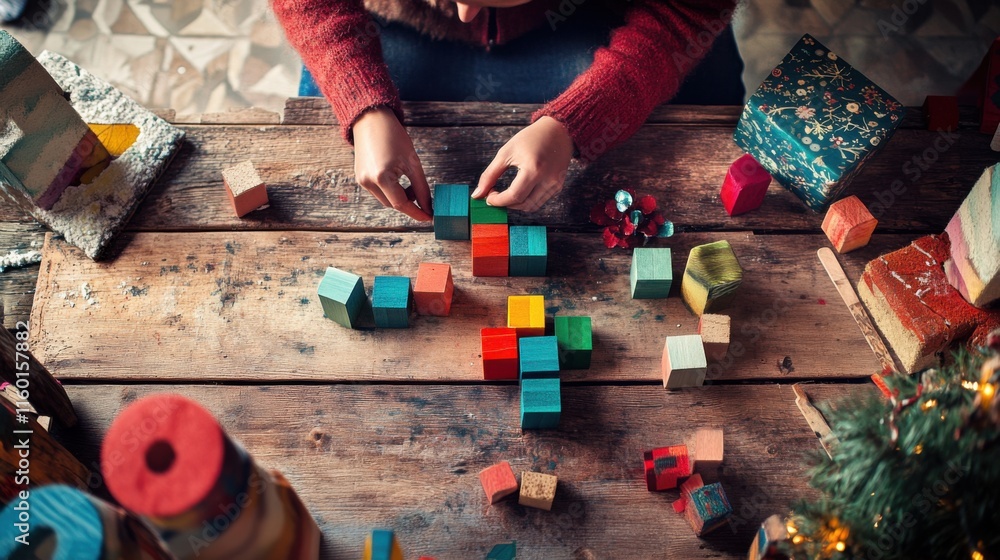 Poster a festive holiday workshop with artisans creating seasonal decorations using blocks, blocks arranged