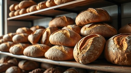 Freshly Baked Artisan Bread Loaves on Wooden Shelves in a Bakery