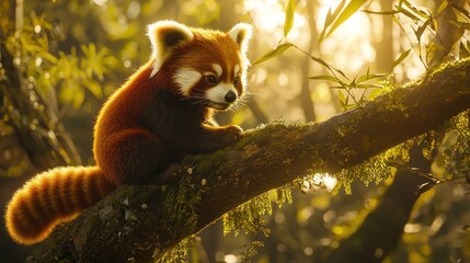 Adorable red panda sitting on a mossy tree branch in a sunlit forest.