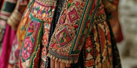 A close-up of a traditional dress, with intricate patterns and embroidery reflecting cultural heritage. 