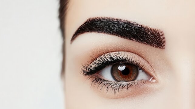 Bare brows shaped and defined with a tinted brow gel, framing the face with elegant precision