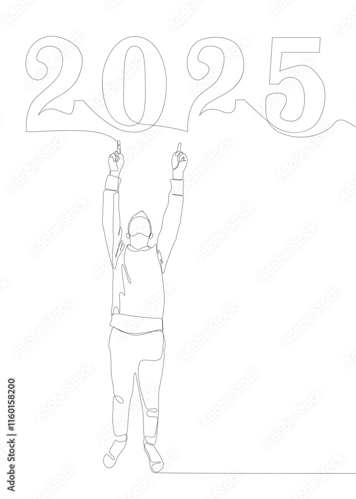 Poster one continuous line of man pointing with finger at number 2025. thin line illustration vector concep